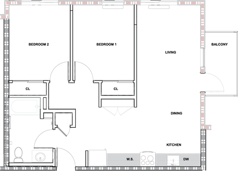 A floor plan of a house with two bedrooms, a living room, a dining room, a kitchen, a balcony, a laundry area, a study, and a garage.